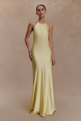 Bella Satin Halter Maxi Dress - Lemon