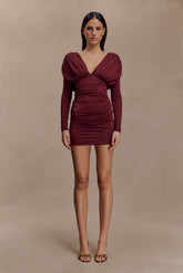 Hayden Long Sleeve Plunge Mini Dress - Burgundy