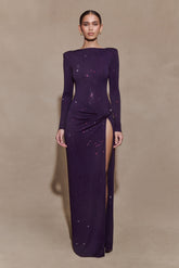Deanna Long Sleeve Diamante Maxi Dress - Purple