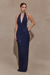 Harriet Halter Neck Diamante Maxi Dress - Navy