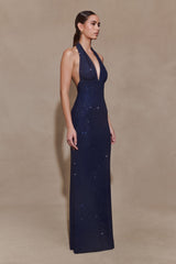 Harriet Halter Neck Diamante Maxi Dress - Navy