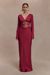 Kaya Long Sleeve Satin And Mesh Maxi Dress - Wine