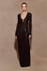 Acadia Diamante Long Sleeve Maxi Dress - Black