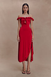 Allegra Off Shoulder Ruffle Midi Dress - Ruby