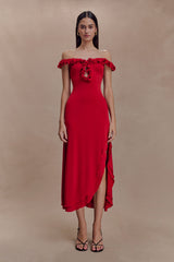 Allegra Off Shoulder Ruffle Midi Dress - Ruby