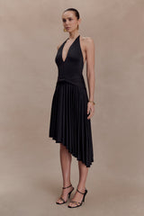 Zelda Asymmetric Slinky Midi Dress - Black