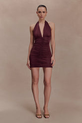 Fleur Ruched Slinky Mini Dress - Mahogany