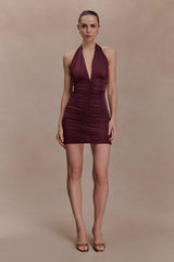 Fleur Ruched Slinky Mini Dress - Mahogany