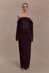 Kirsten Off Shoulder Chiffon Maxi Dress - Cacao Brown