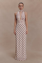 Nadine Halter Chiffon Maxi Dress - Ivory/Merlot Polka Dot