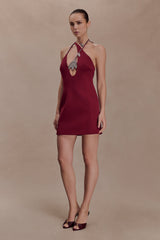Nathalie Halter Neck Floral Mini Dress - Merlot
