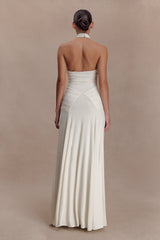 Indira Gathered Slinky Halter Maxi Dress - Ivory