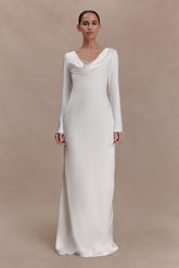 Eliza Long Sleeve Cowl Lace And Satin Maxi Dress - Ivory