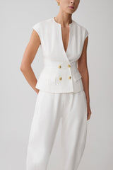 Oriana Linen Button Vest - White