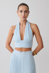 Amaris Sleeveless Plisse Halter Top - Pale Blue