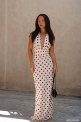 Nadine Halter Chiffon Maxi Dress - Ivory/Merlot Polka Dot