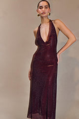 Genie Diamante Halter Midi Dress - Mahogany