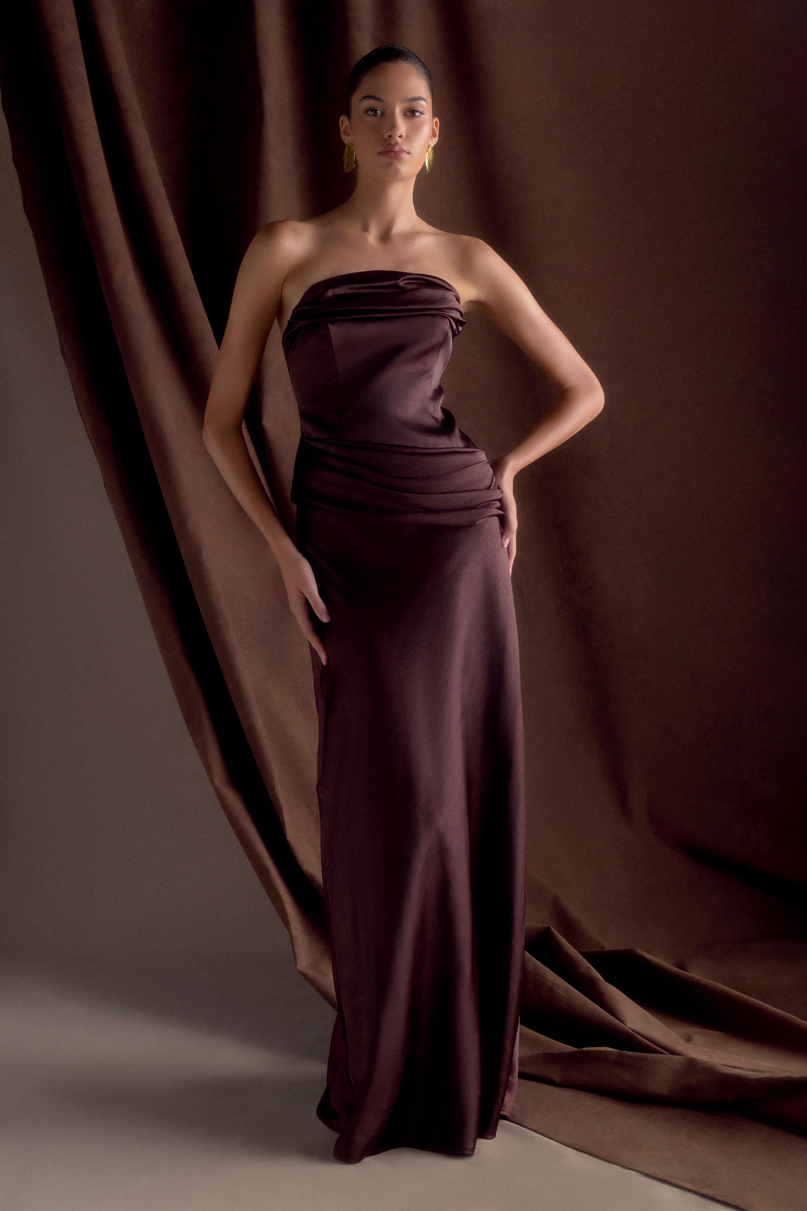 Jasmine Strapless Satin Maxi Dress - Dark Chocolate