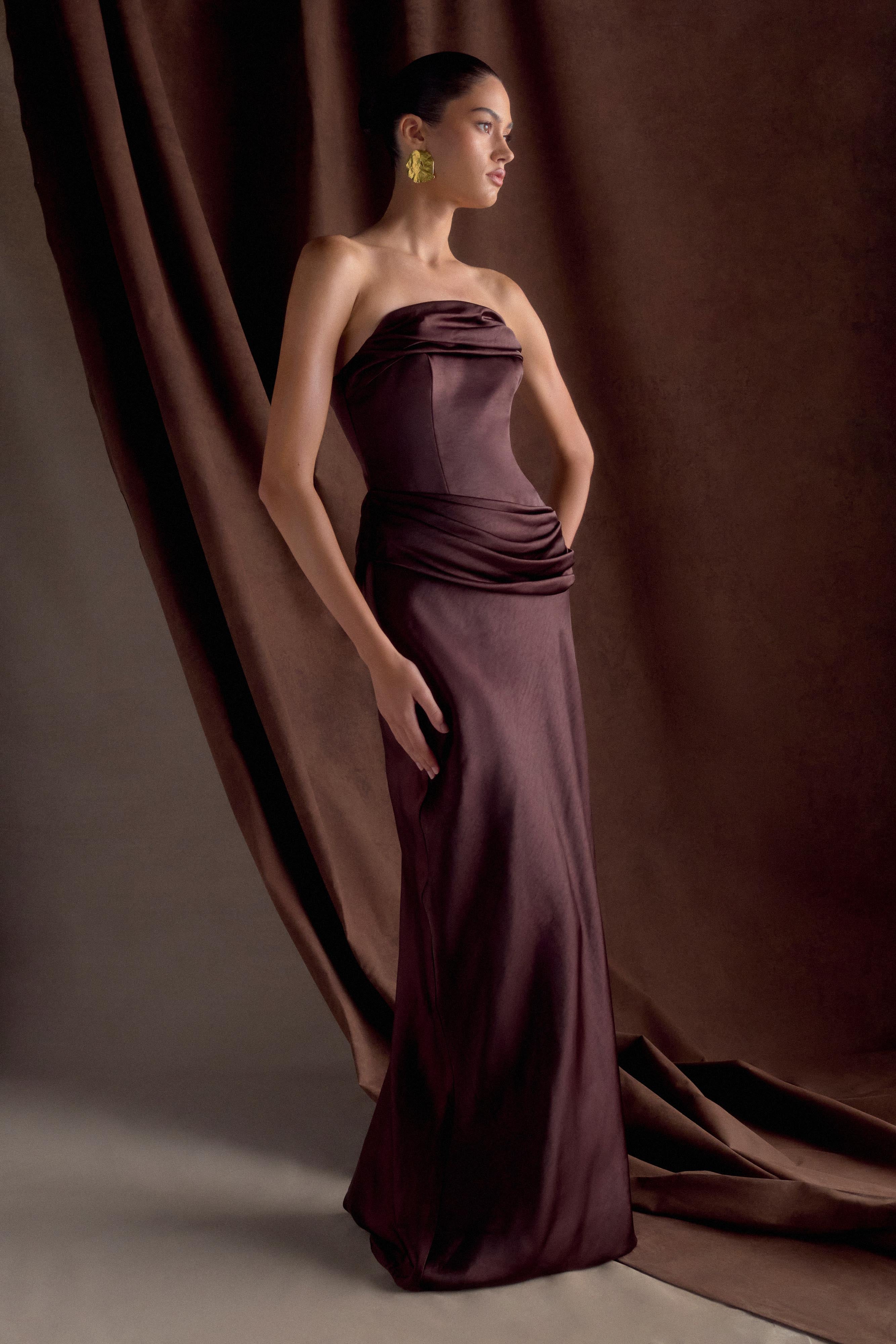 Jasmine Strapless Satin Maxi Dress - Dark Chocolate