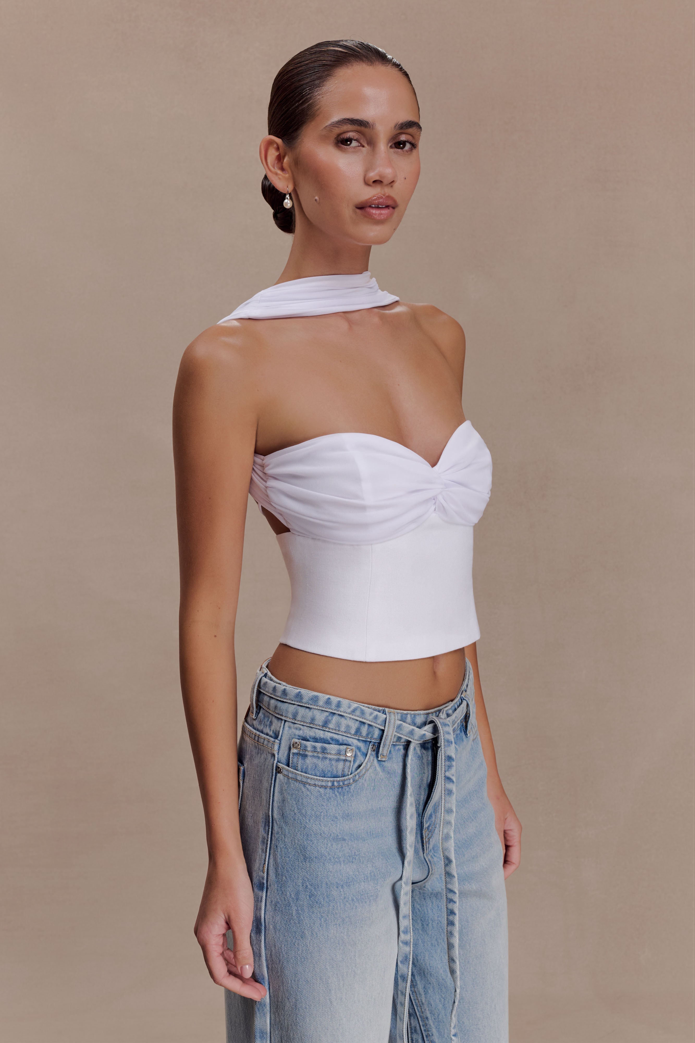 Talia Chiffon And Linen Halter Top - White