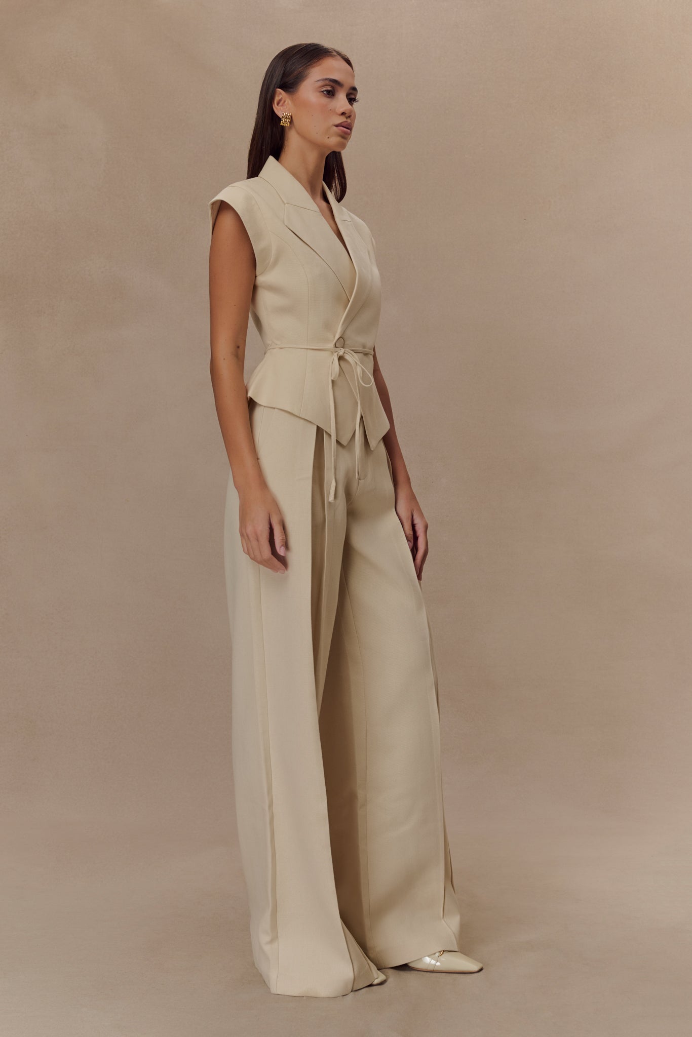Raya Mid Rise Wide Leg Linen Pant - Natural Beige