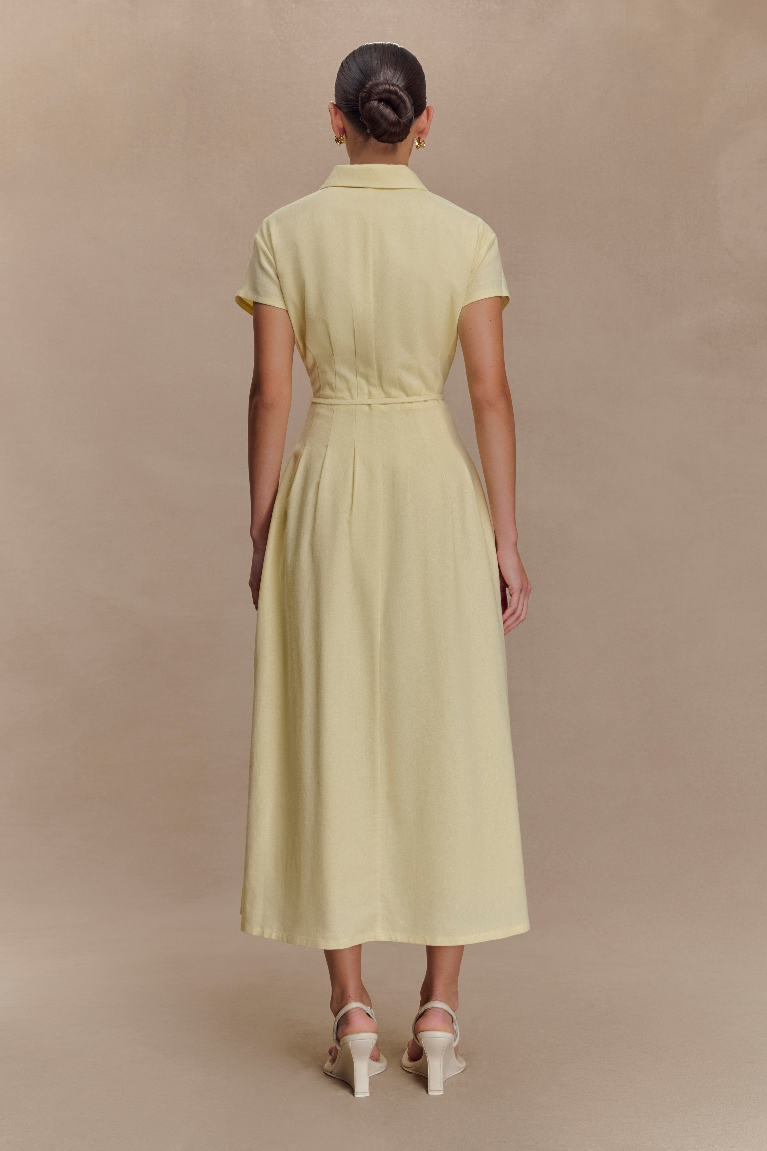 Aysha Buttoned Linen Midi Dress - Lemon