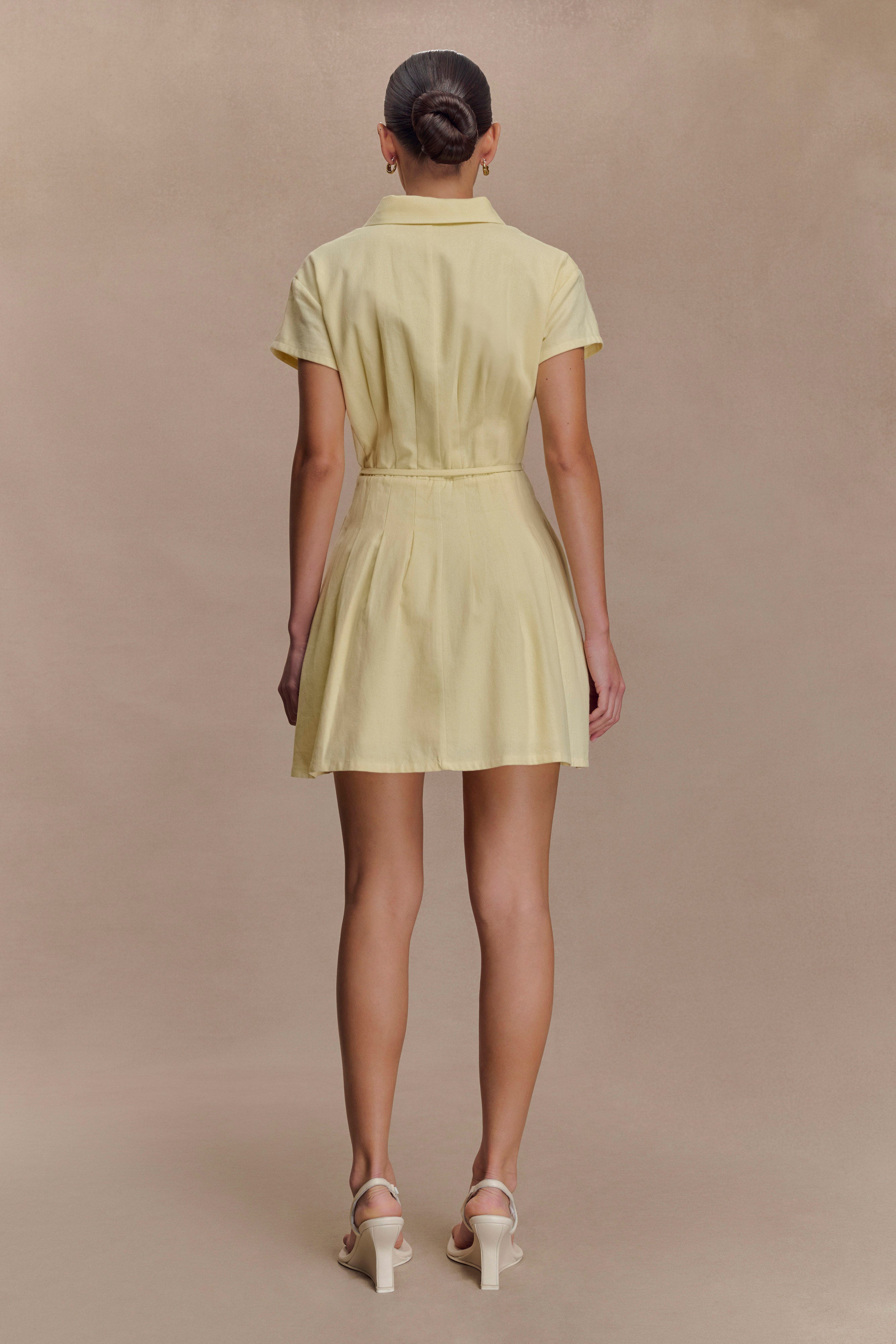 Aysha Buttoned Linen Mini Dress - Lemon