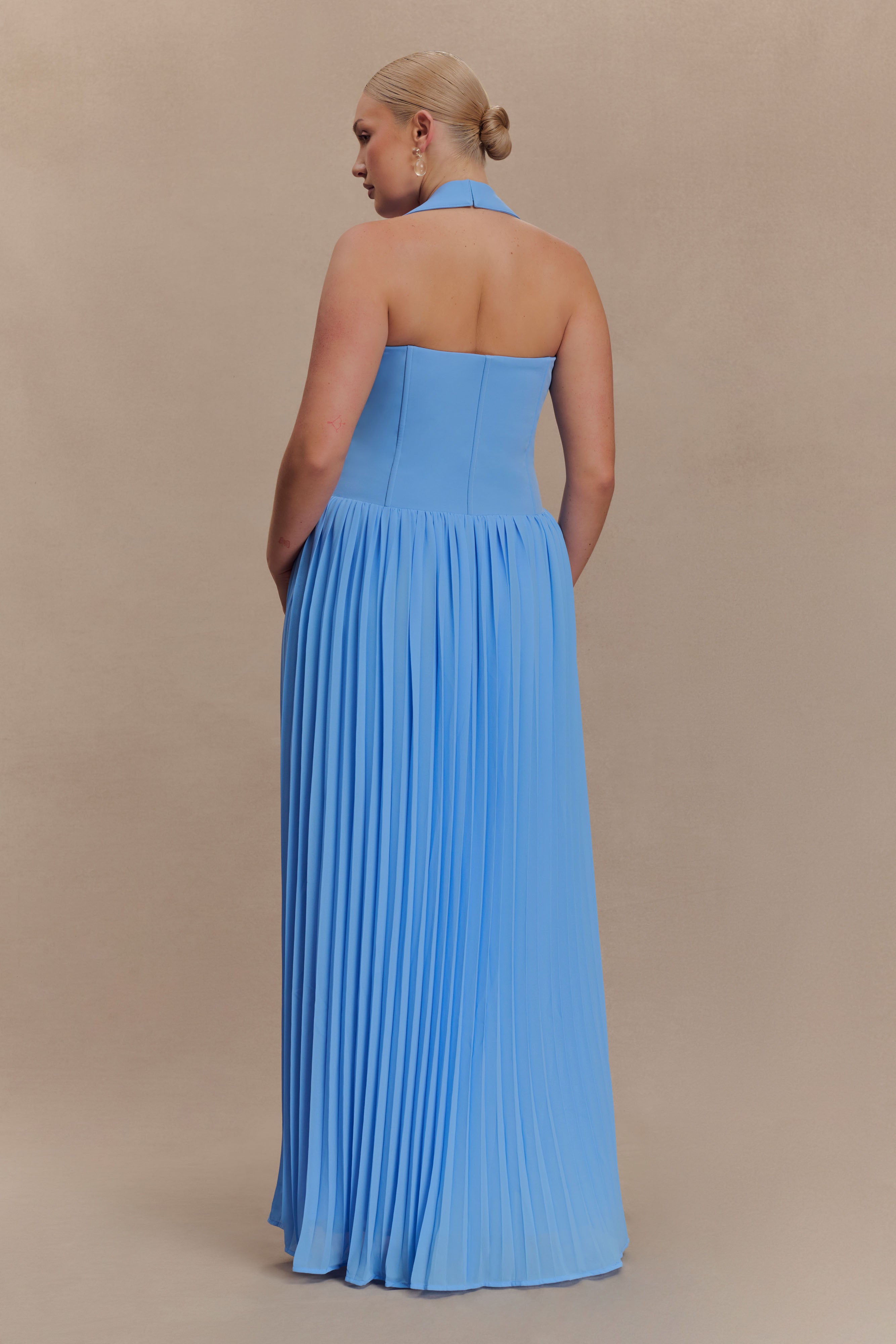 Stacie Pleated Halter Maxi Dress - Bright Blue