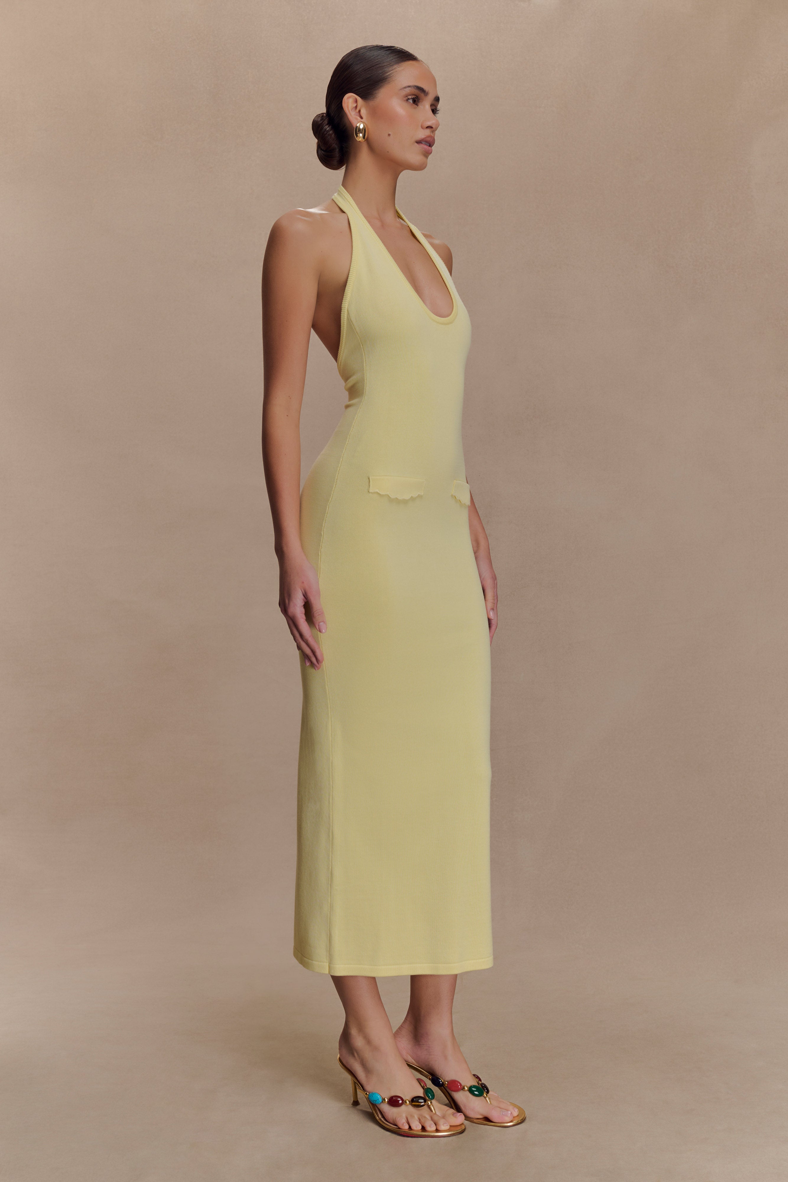 Ovina Halter Neck Knit Midi Dress - Lemon