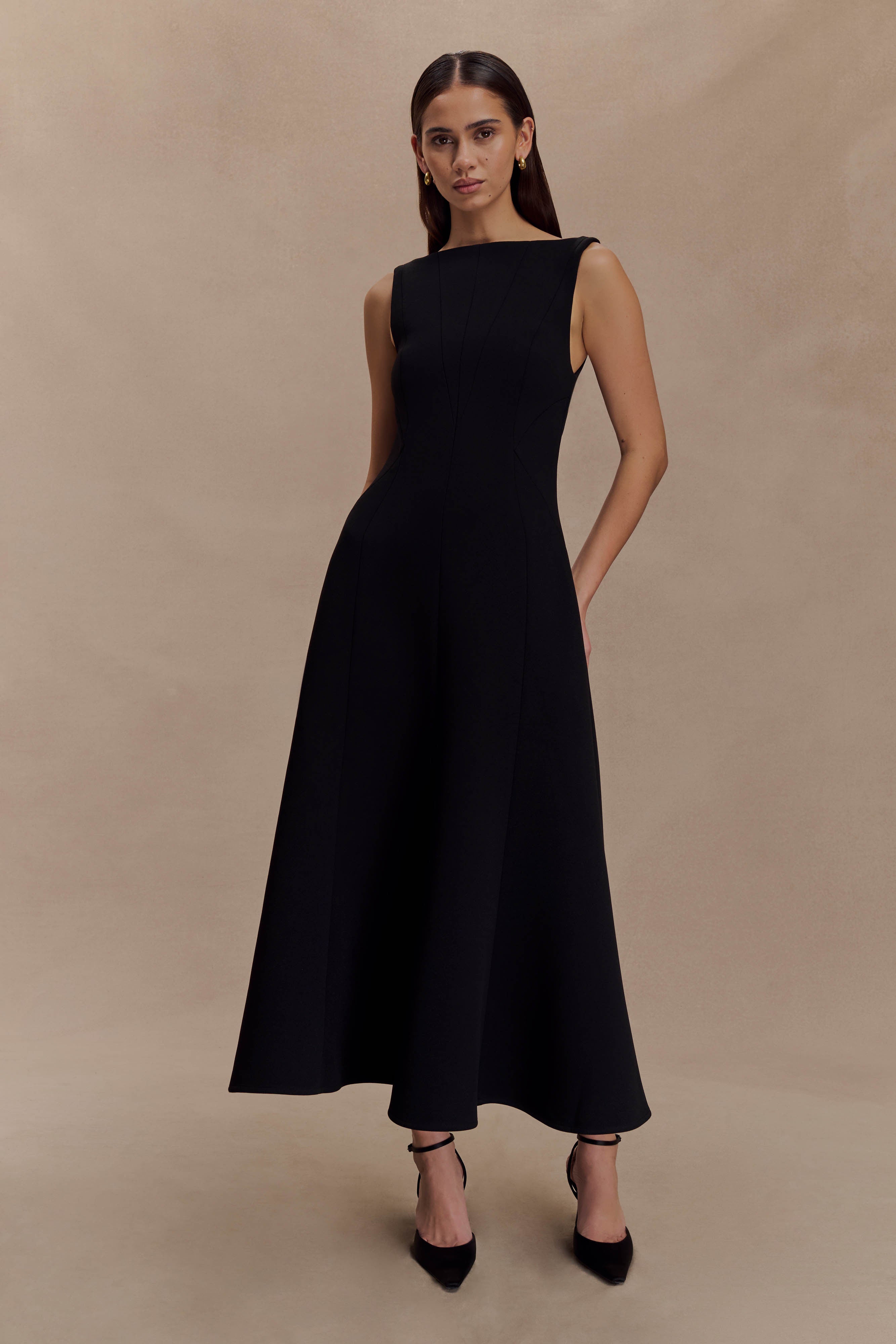 Callista Crepe A-Line Midi Dress - Black