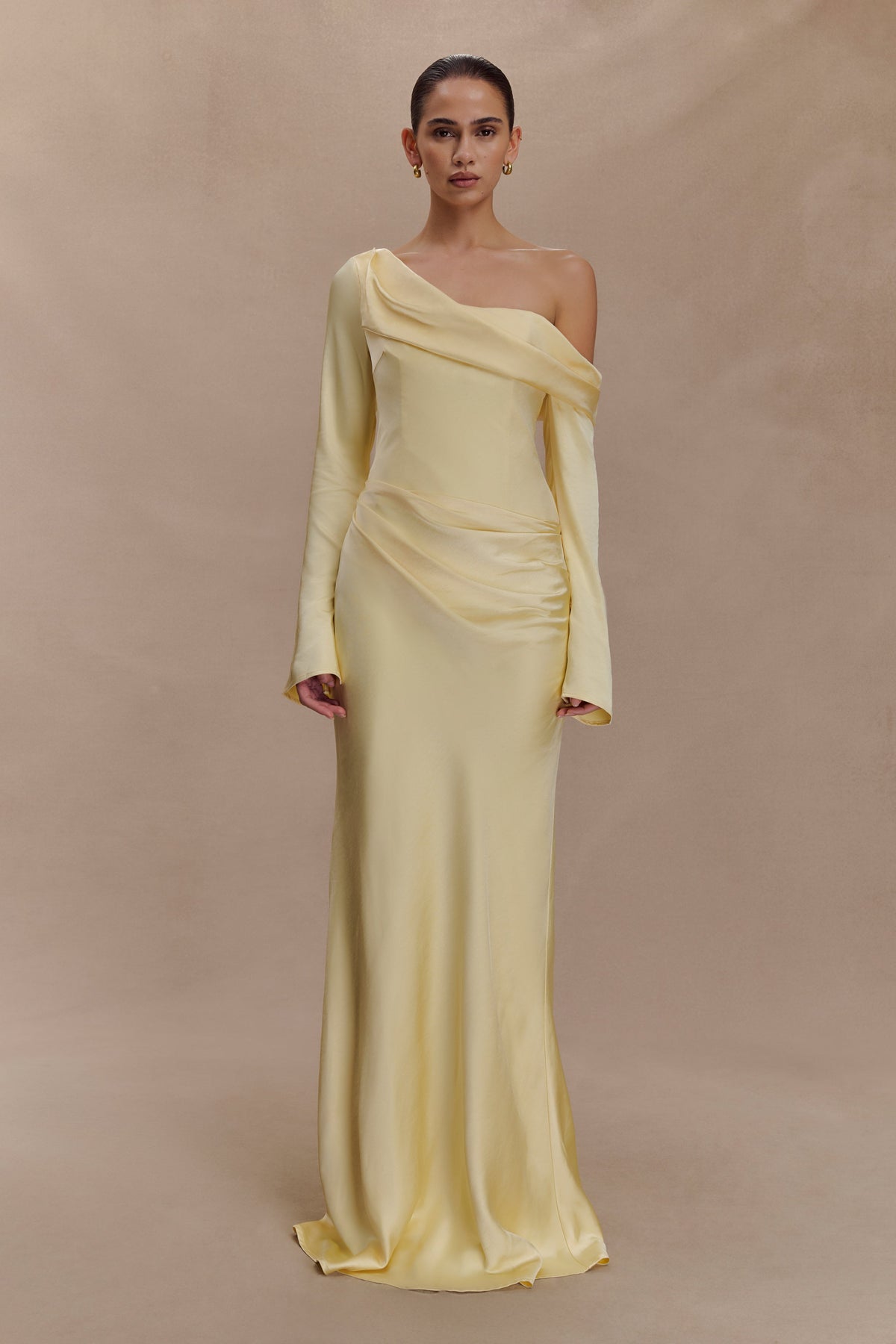 Iris Long Sleeve Satin Maxi Dress - Lemon