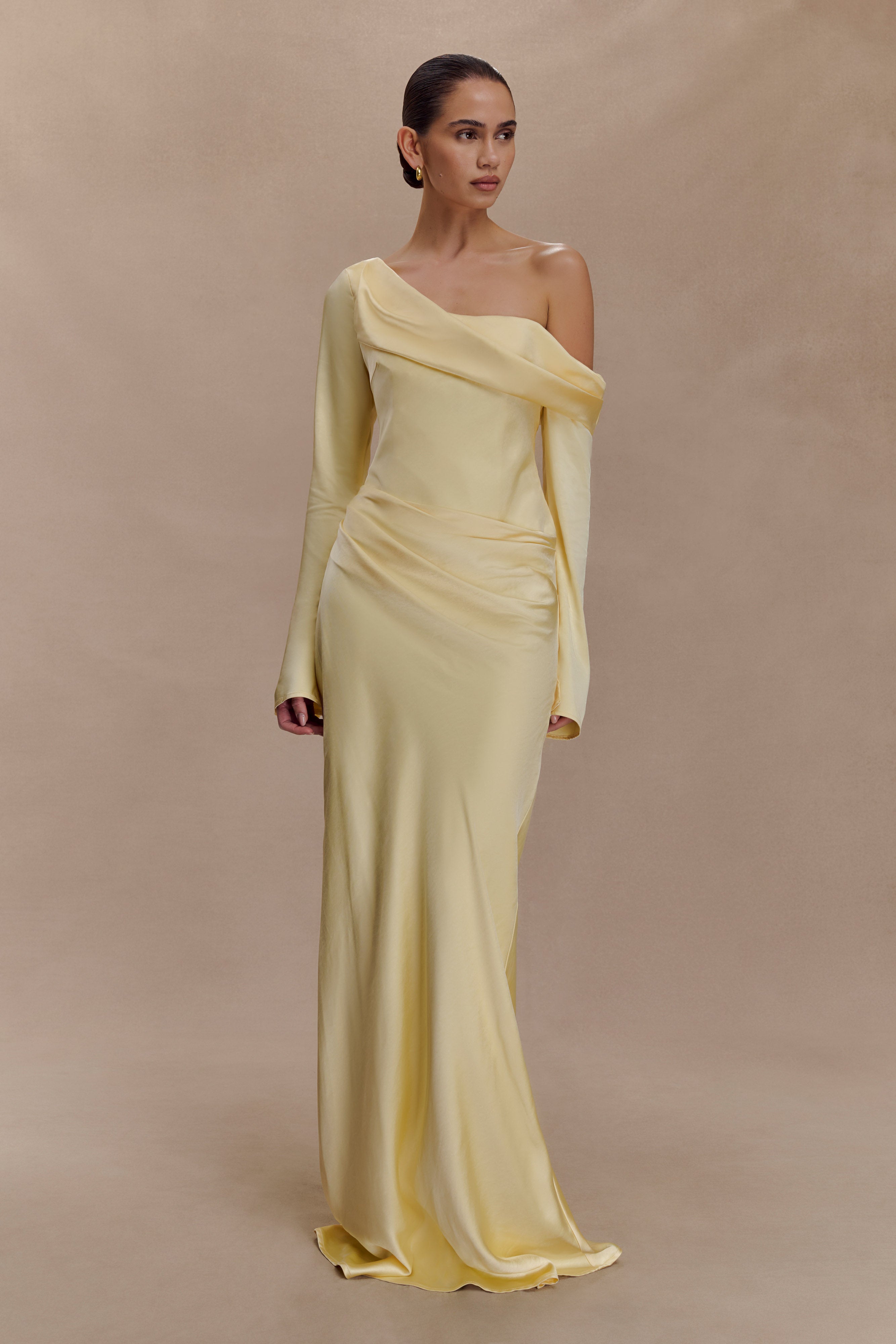 Iris Long Sleeve Satin Maxi Dress - Lemon