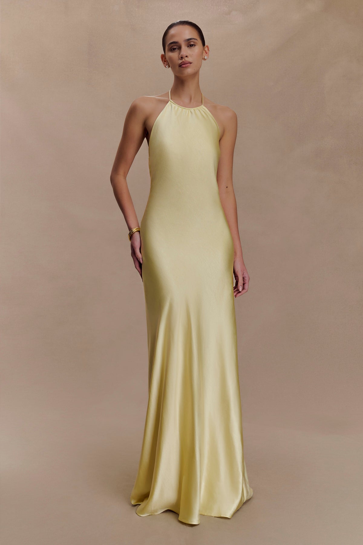 Bella Satin Halter Maxi Dress - Lemon