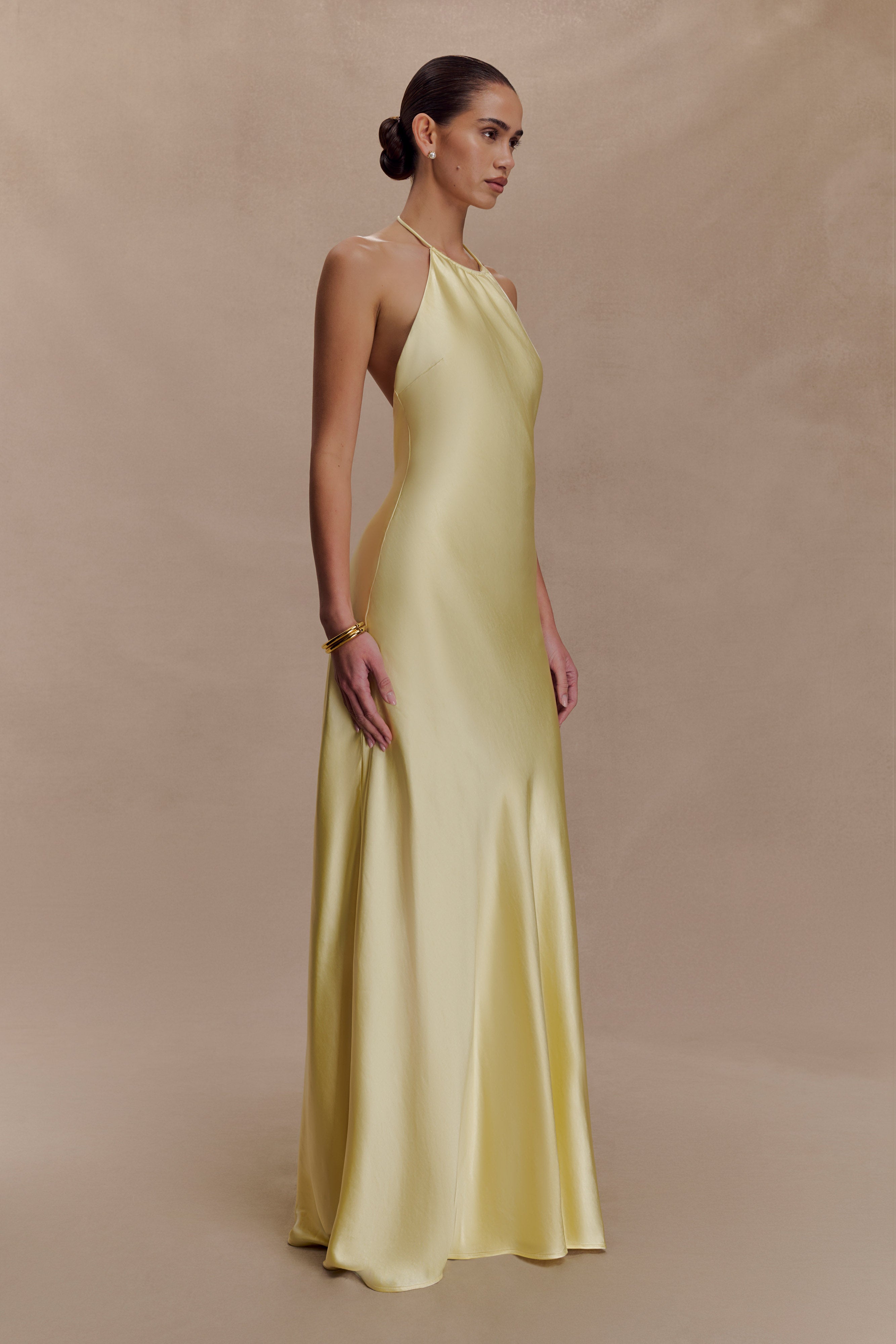 Bella Satin Halter Maxi Dress - Lemon