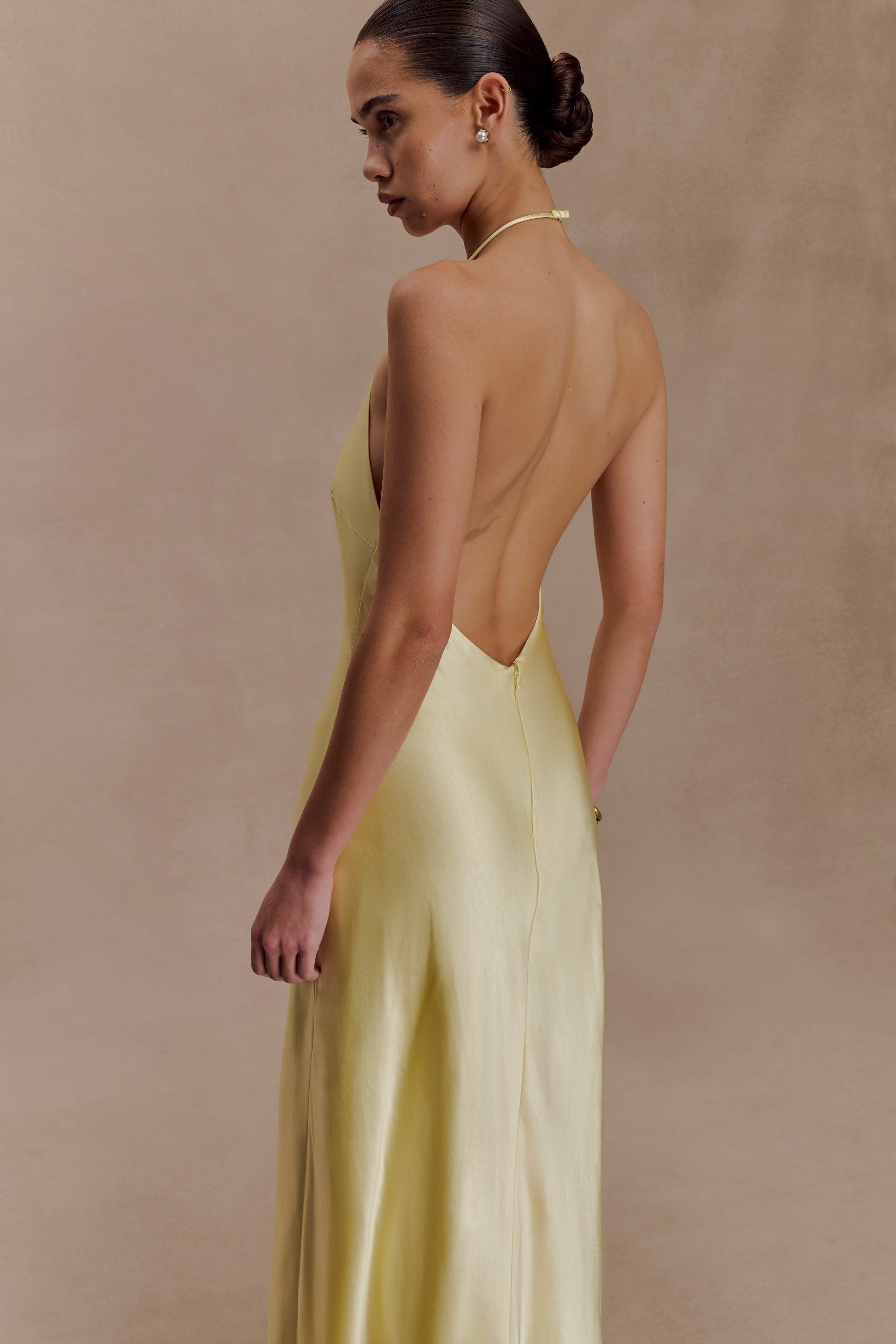 Bella Satin Halter Maxi Dress - Lemon