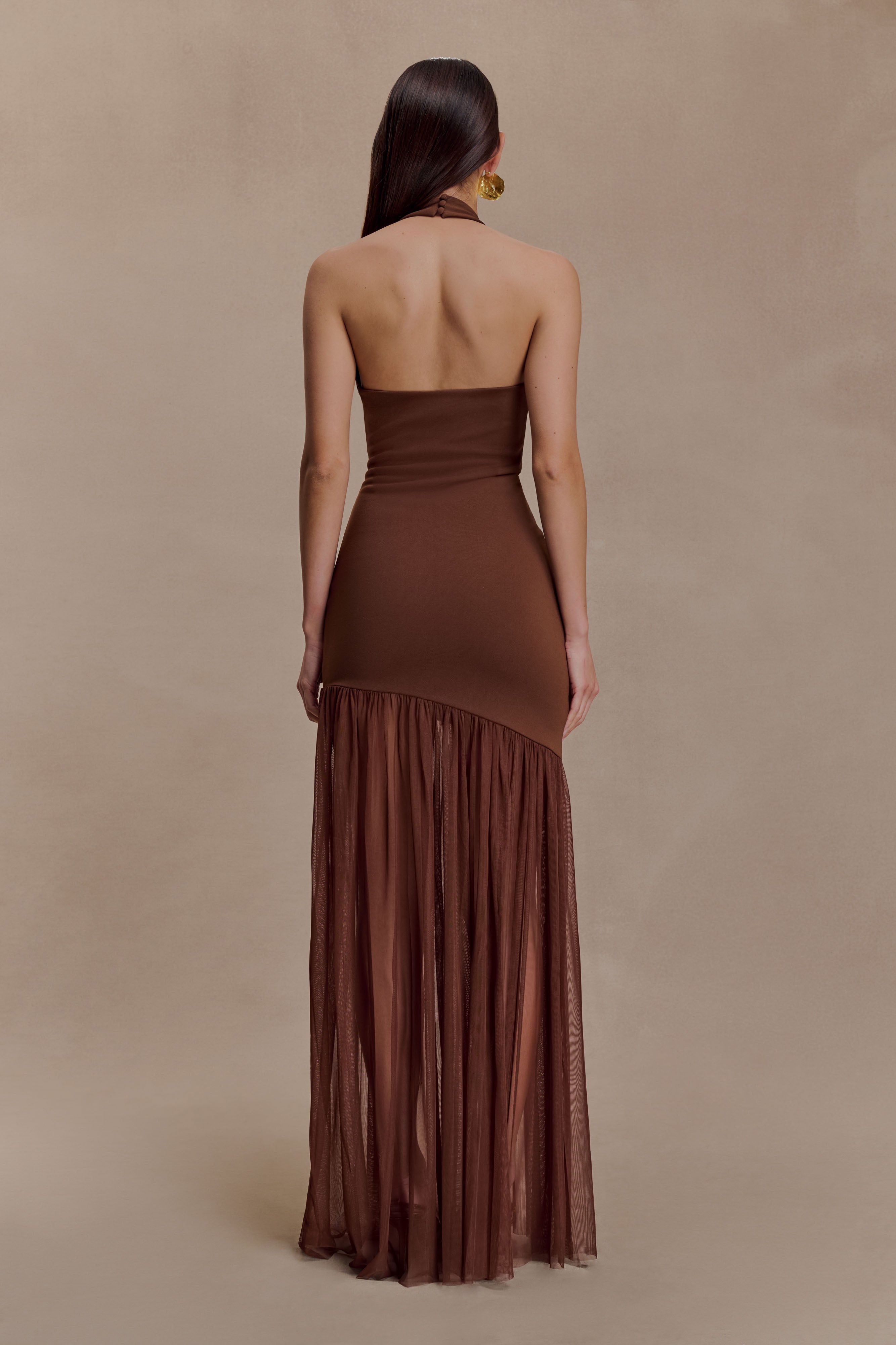Aubree Crepe And Mesh Maxi Dress - Chocolate/Mocha