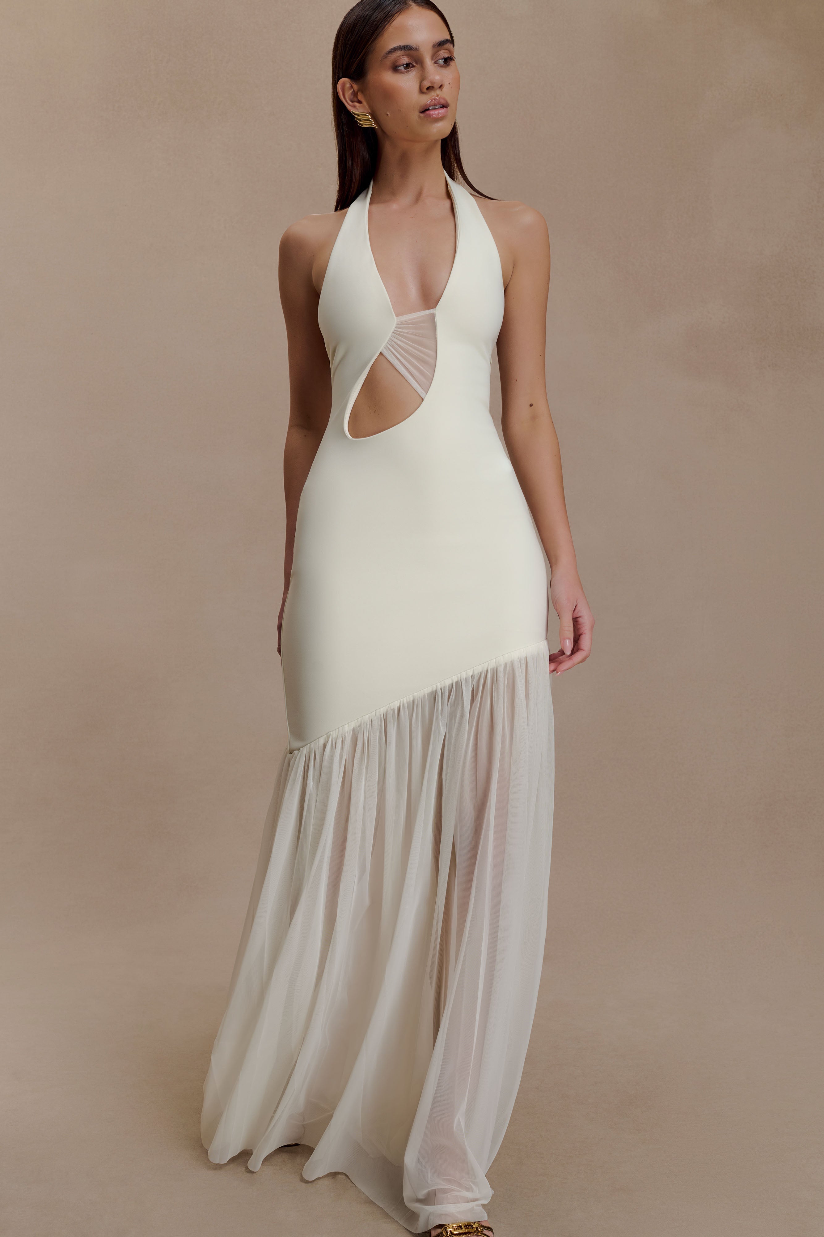 Aubree Crepe And Mesh Maxi Dress - Ivory