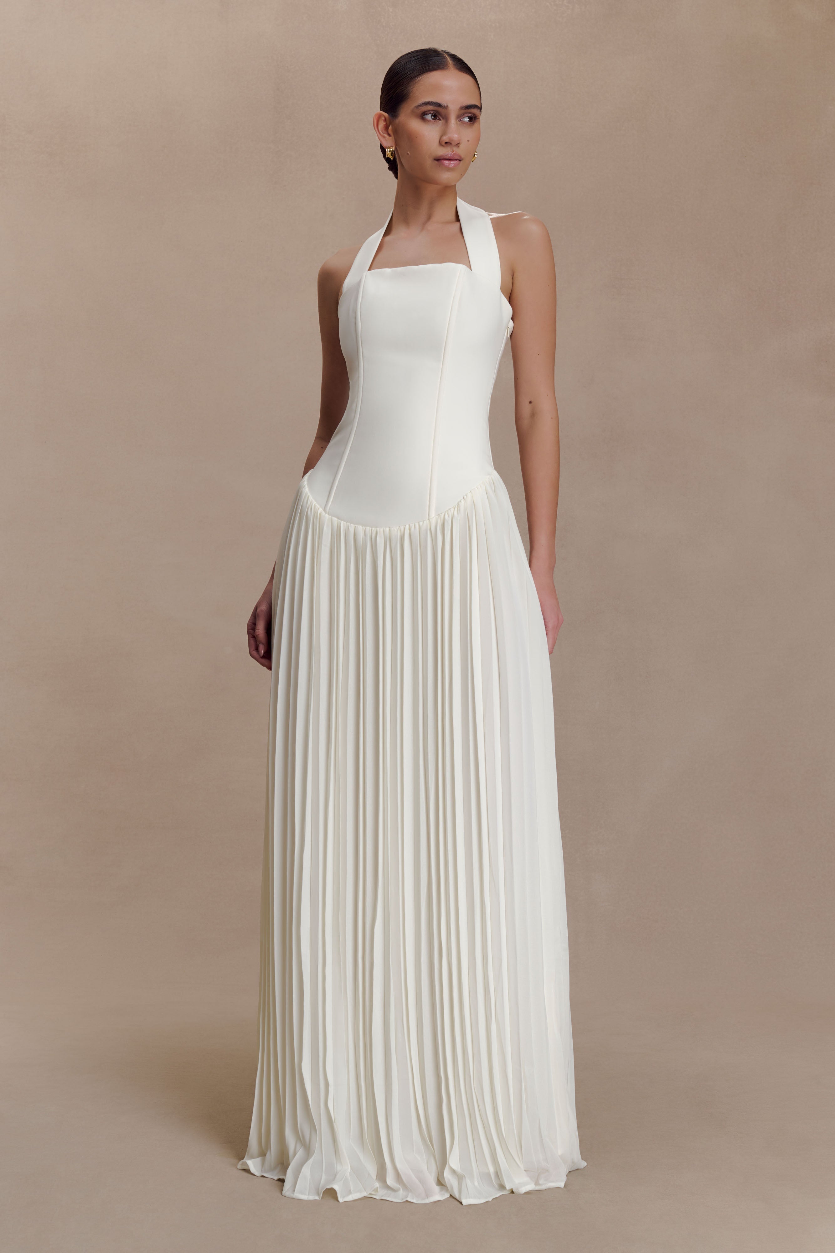 Stacie Pleated Halter Maxi Dress - Ivory
