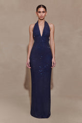 Harriet Halter Neck Diamante Maxi Dress - Navy