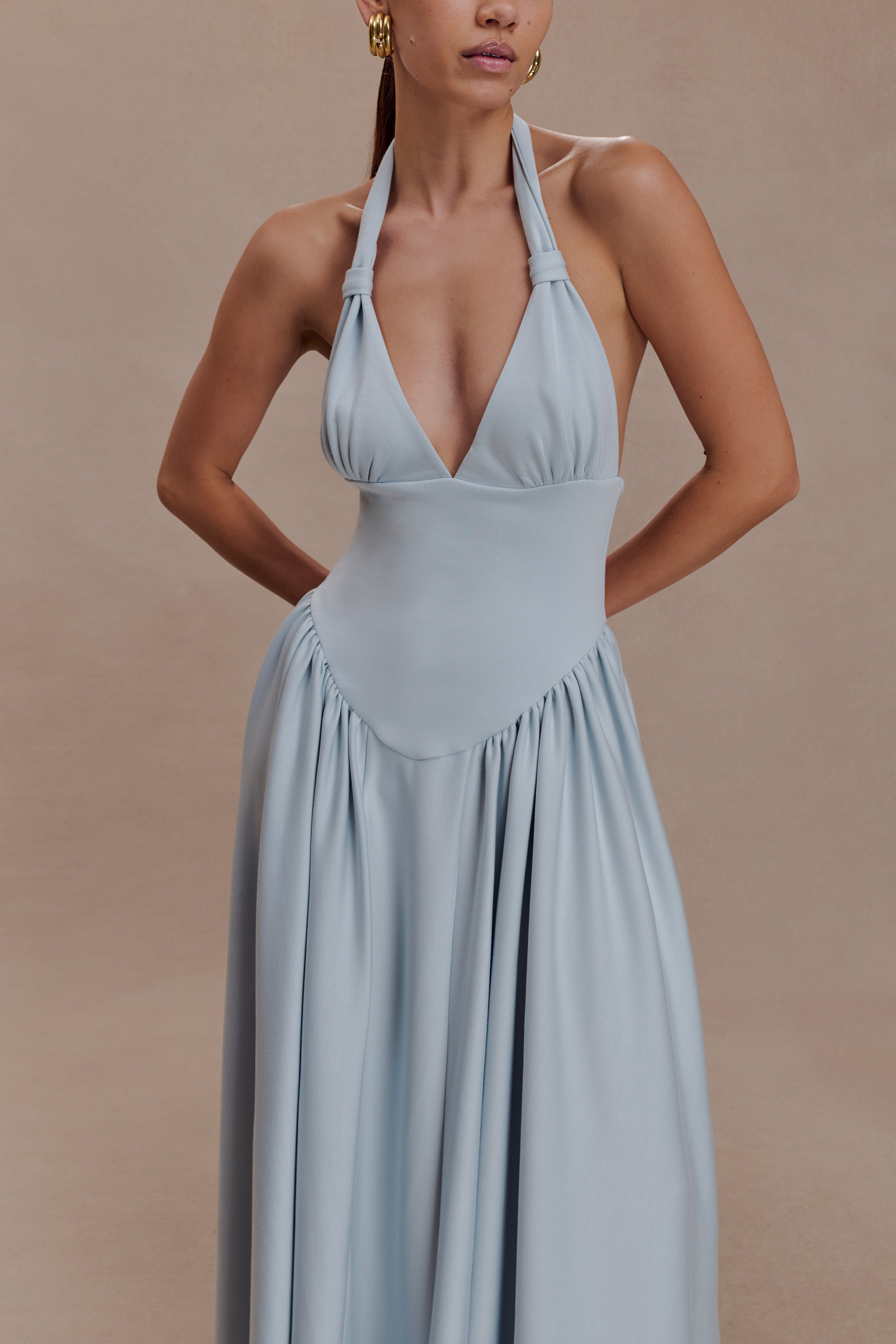 Angelina Scuba Halter Midi Dress - Pale Blue