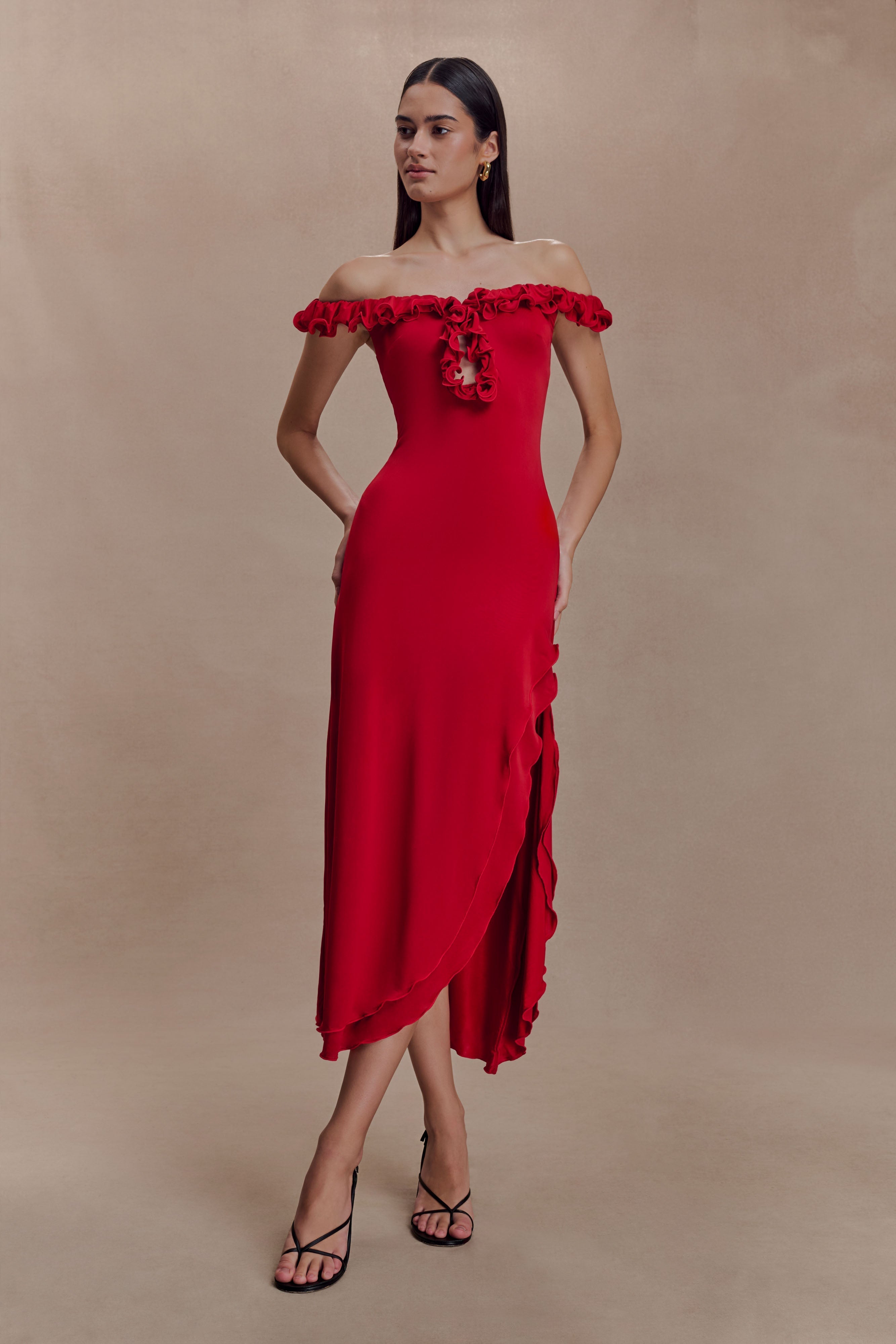 Allegra Off Shoulder Ruffle Midi Dress - Ruby