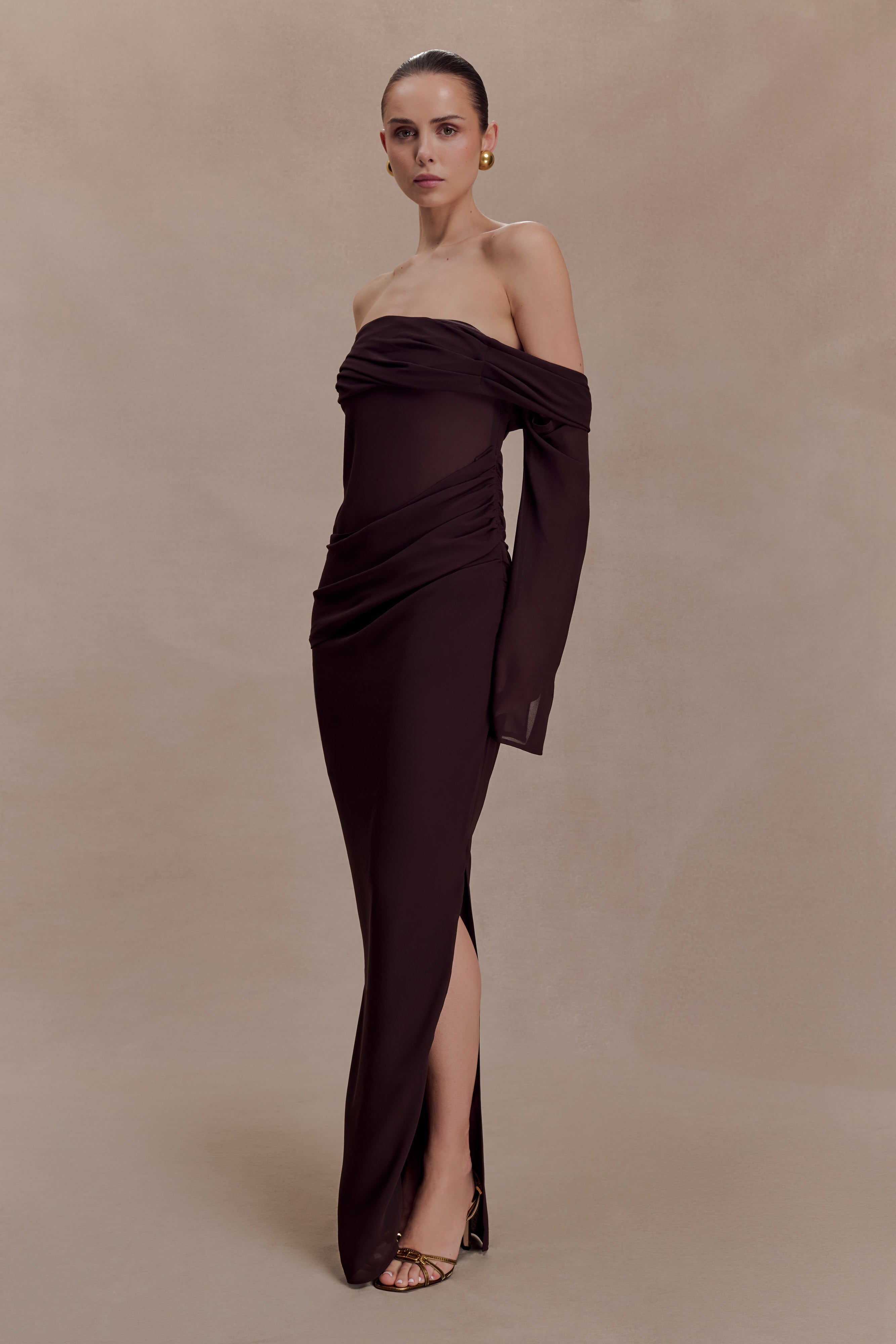 Kirsten Off Shoulder Chiffon Maxi Dress - Cacao Brown