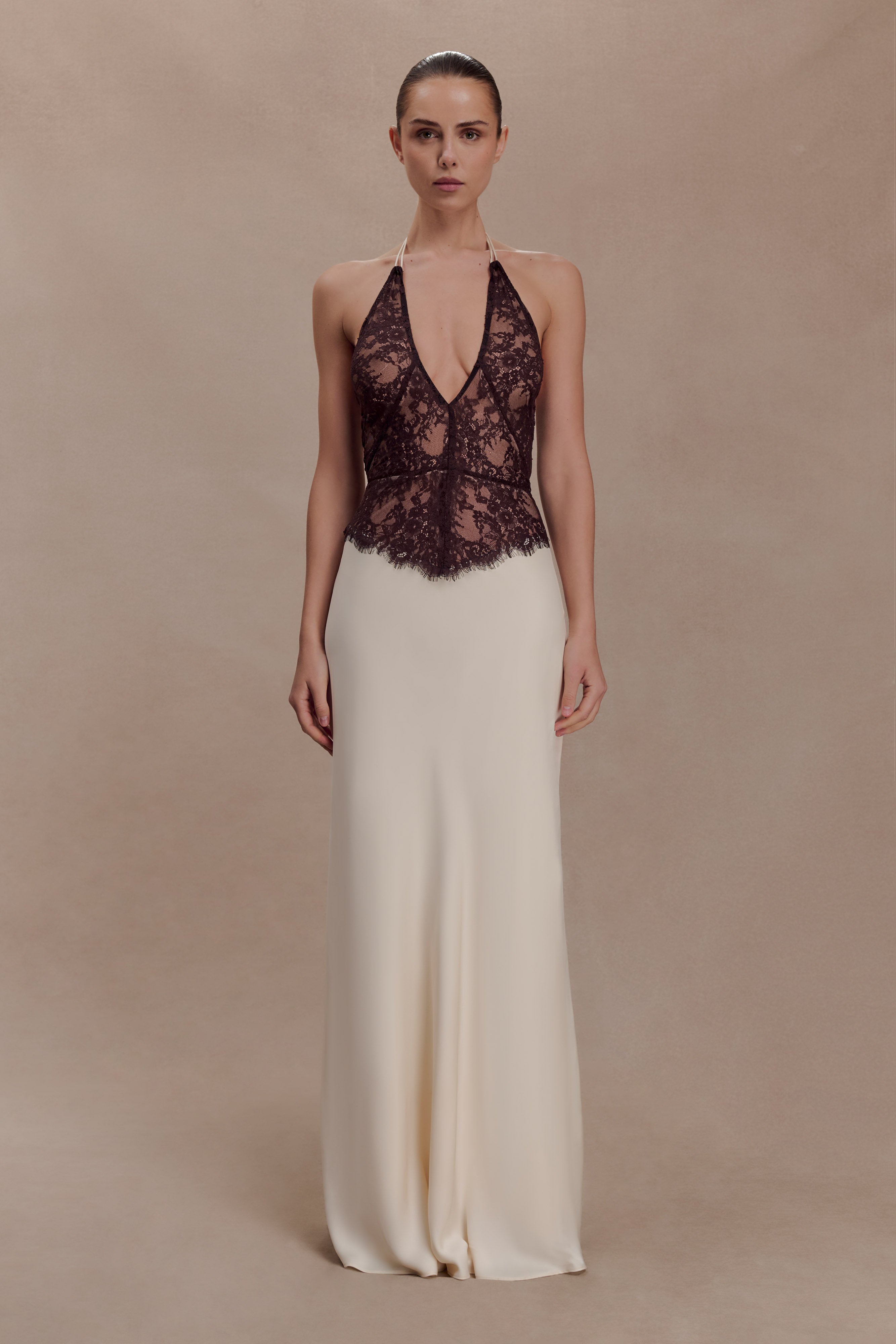 Sascha Lace And Satin Halter Maxi Dress - Ivory/Chocolate
