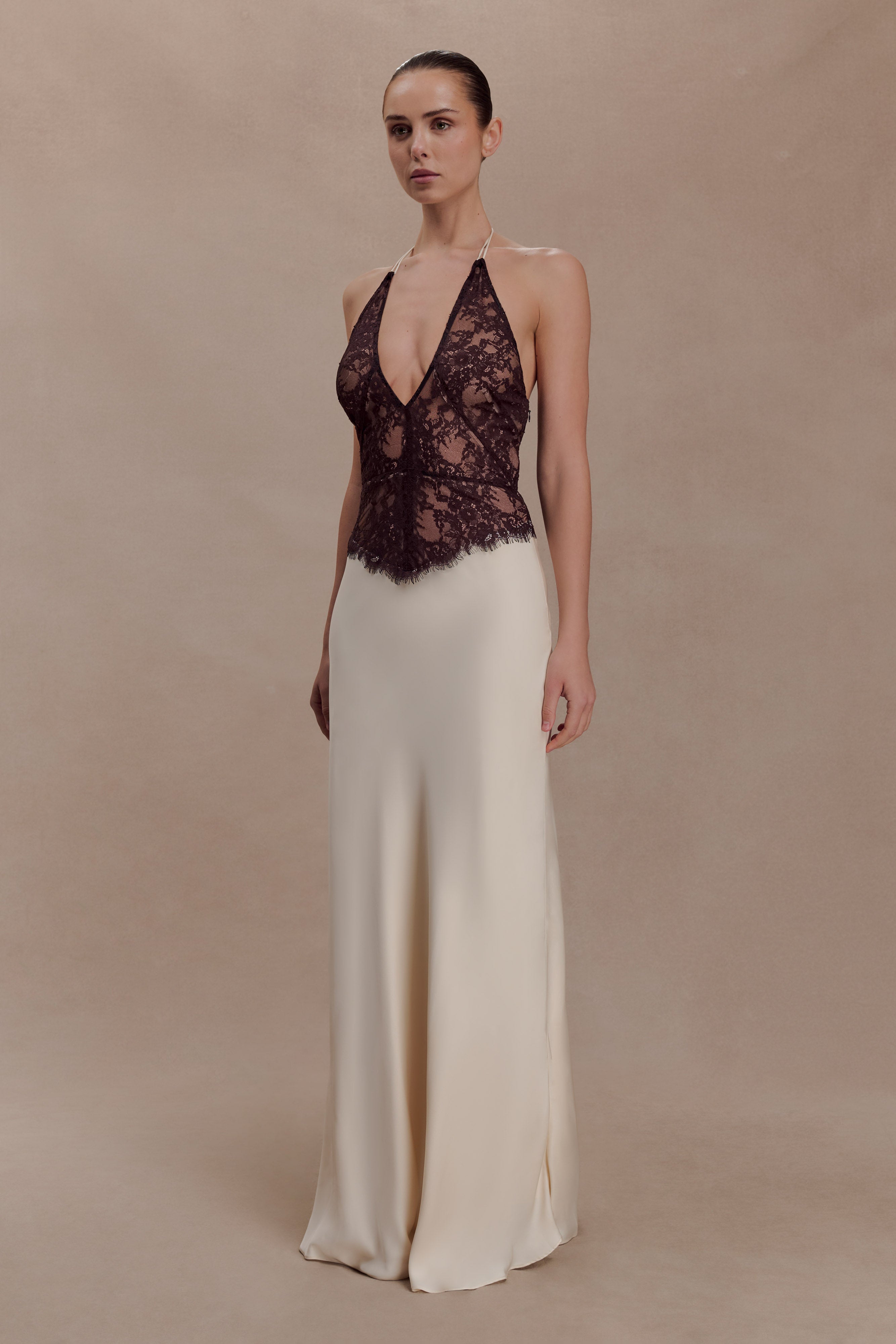 Sascha Lace And Satin Halter Maxi Dress - Ivory/Chocolate