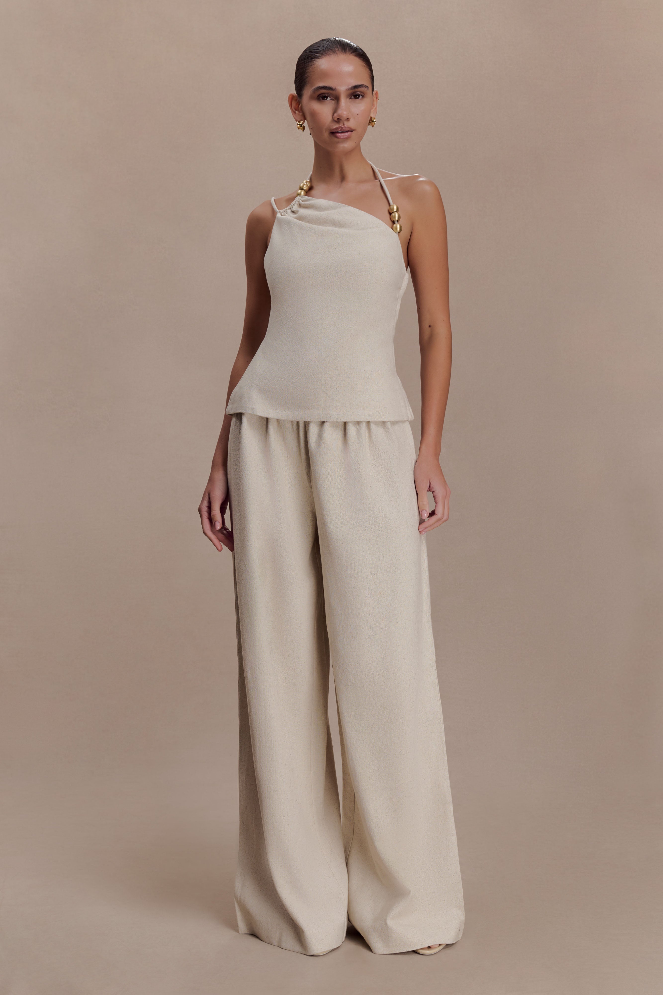 Gabby Asymmetrical Neckline Linen Beaded Top - Natural