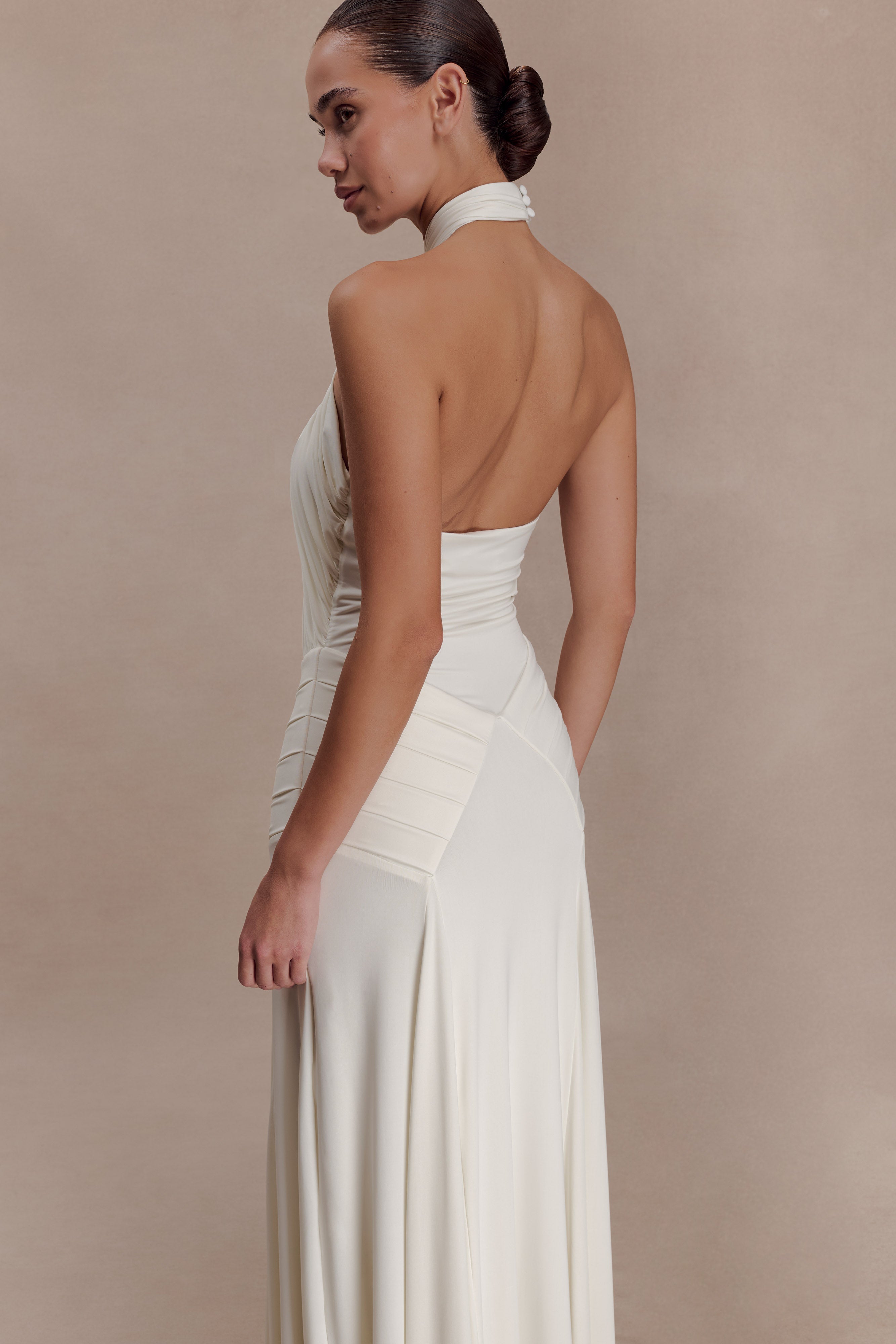 Indira Gathered Slinky Halter Maxi Dress - Ivory
