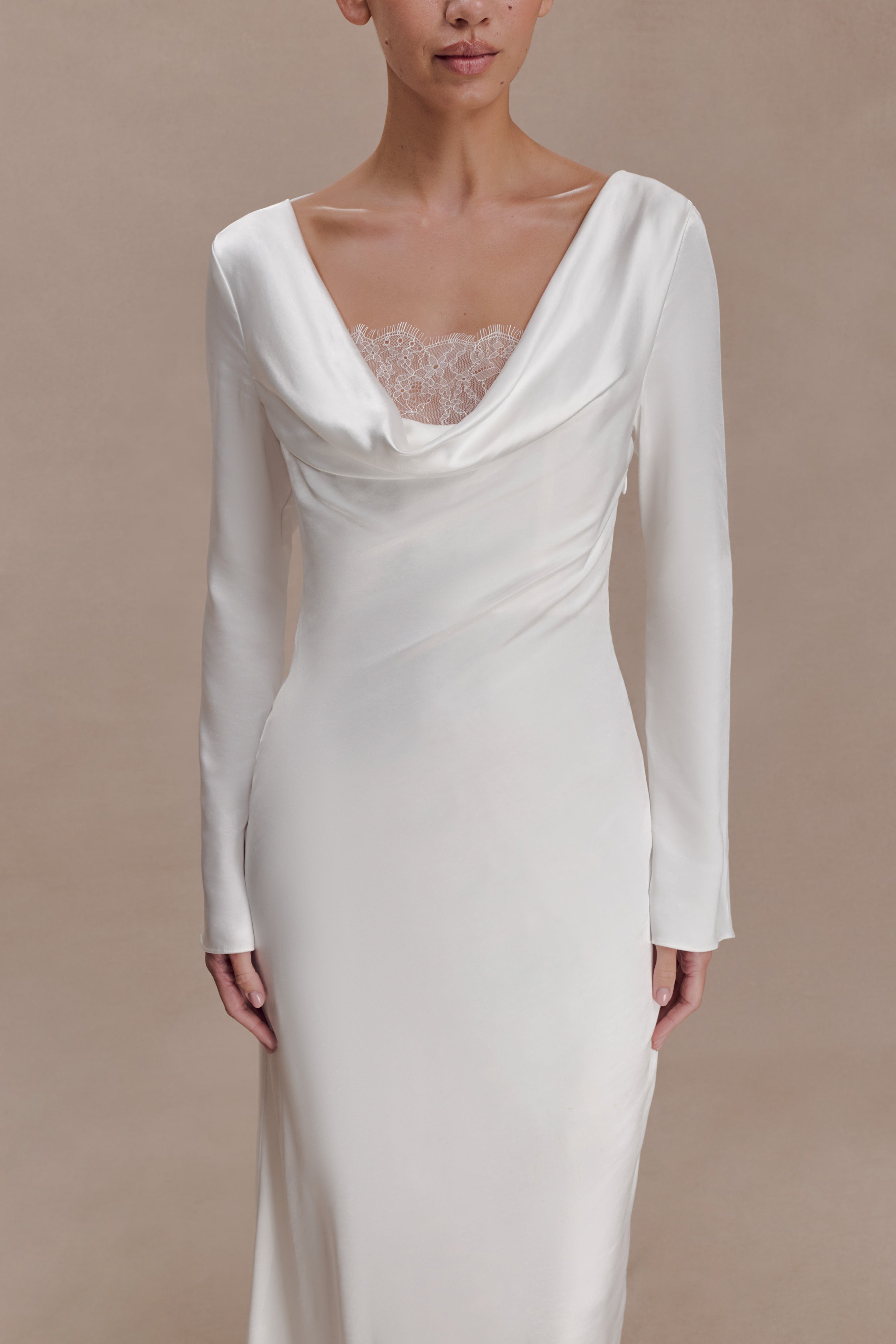 Eliza Long Sleeve Cowl Lace And Satin Maxi Dress - Ivory