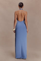 Jade Satin Halter Maxi Dress - Steel Blue