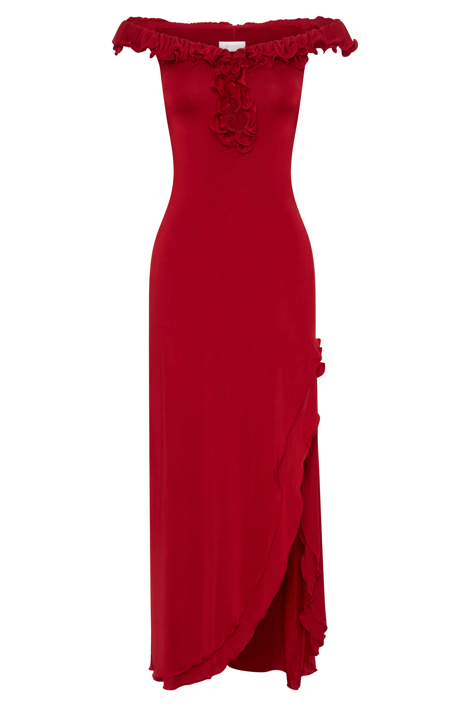 Allegra Off Shoulder Ruffle Midi Dress - Ruby