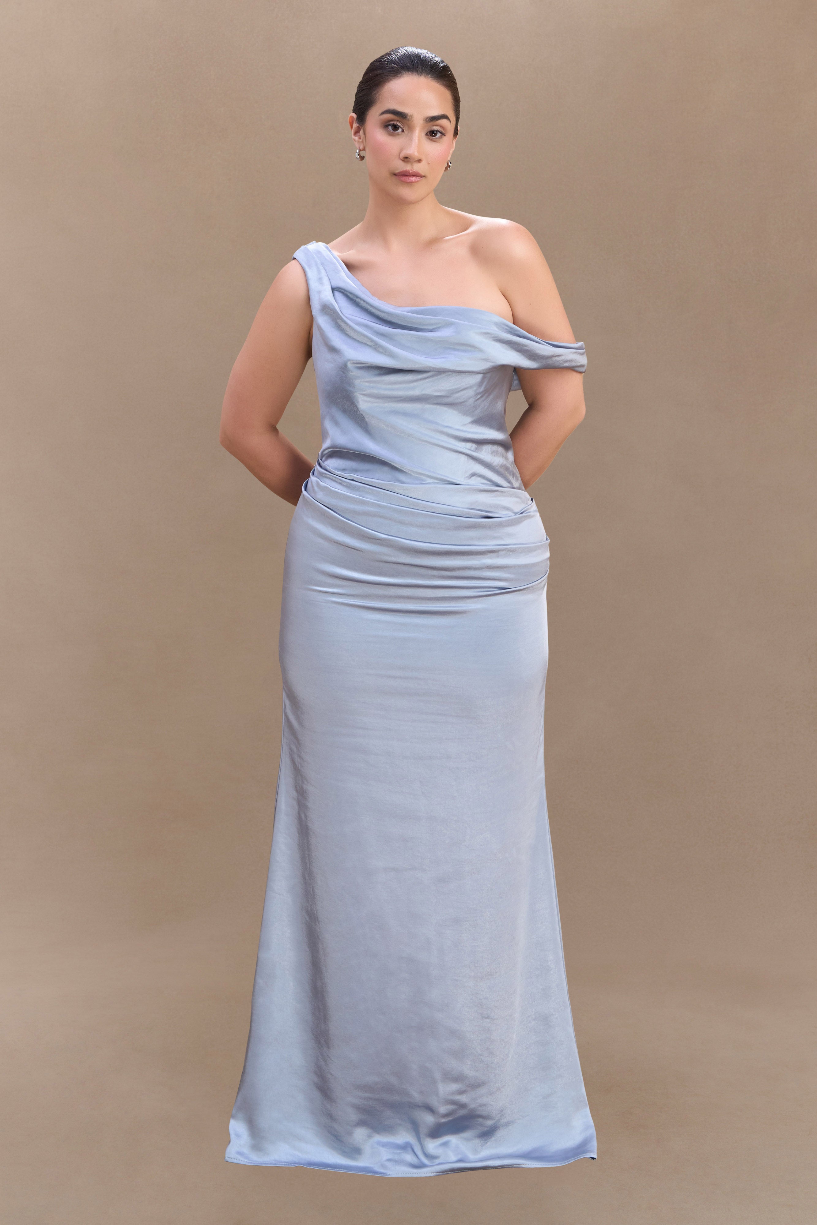 Dalia Off Shoulder Satin Maxi Dress - Frosted Blue